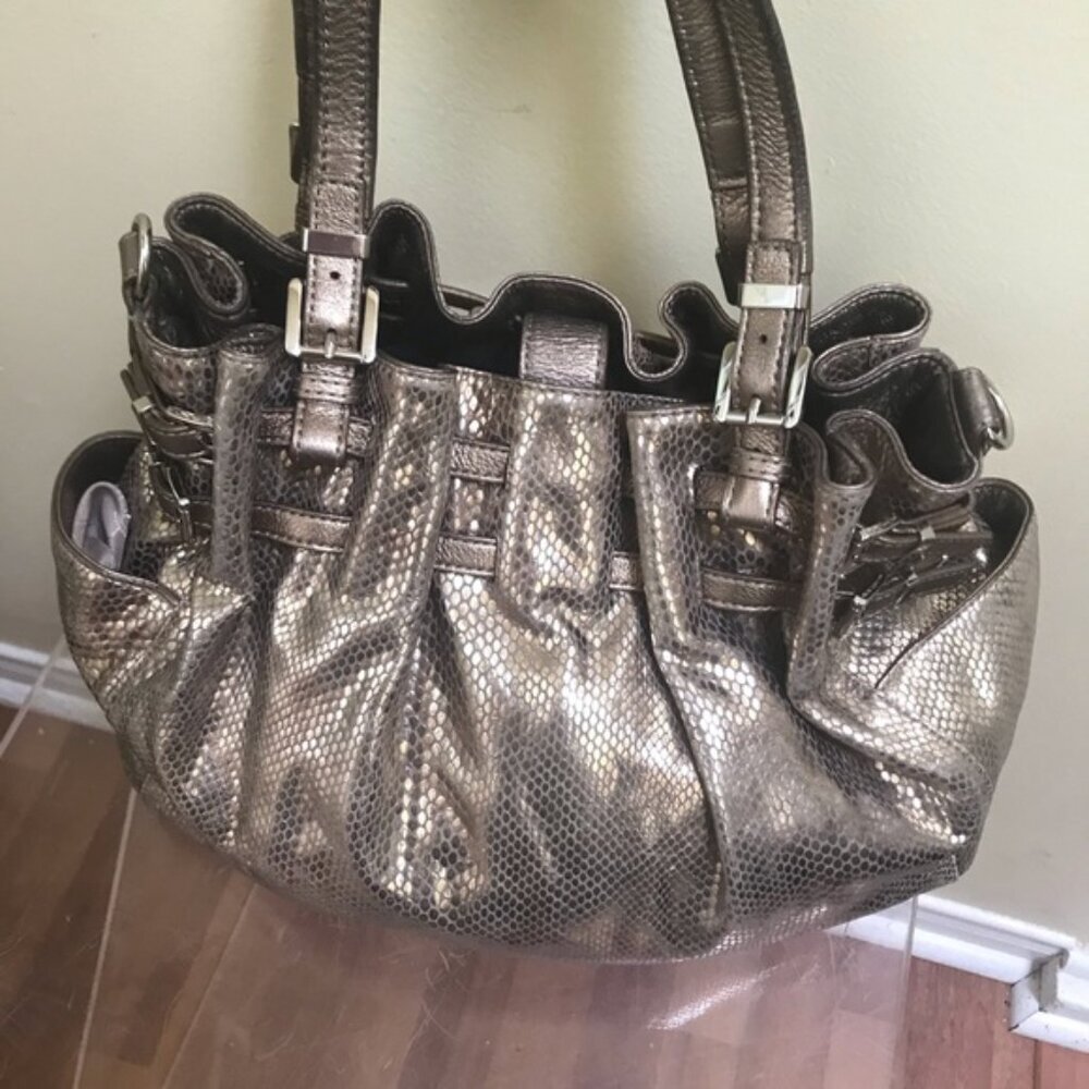 Michael Kors Leather Snake Print Gold Shoulder Hobo Bag Satchel Pockets Neutral - Picture 3 of 16